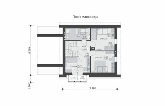 Одноэтажный дом с мансардой, гаражом, балконом и тремя спальнями